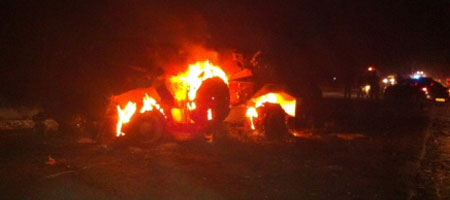 An Egyptian APC stolen from the Egyptian Army Burns after Infiltrating Israel